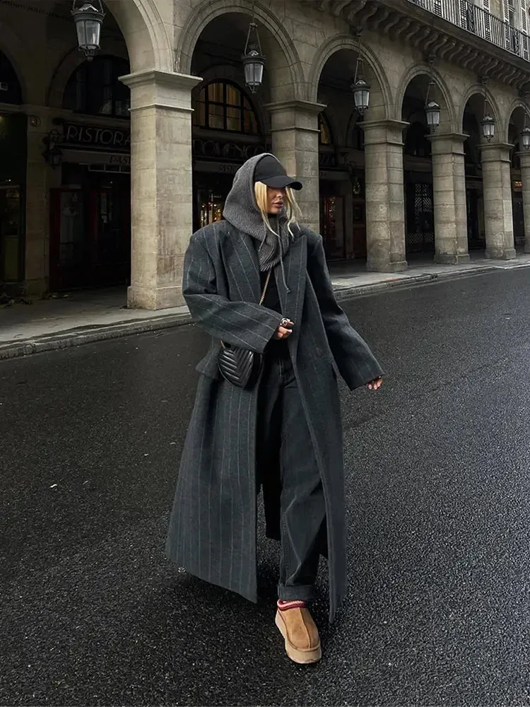 Advbridge Autumn New Stripe Woolen Dark Grey Overcoats Women Fashion Lapel Long Sleeves Loose Long Coats 2024 Winter Lady Commute Jacket