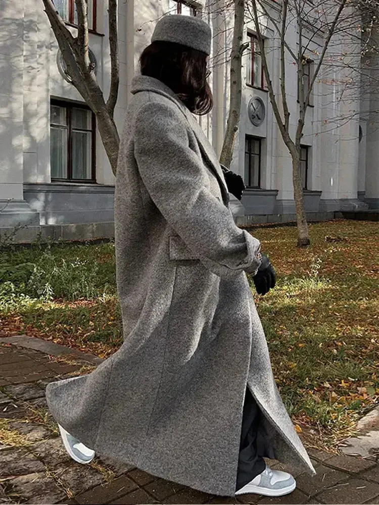 Advbridge Retro Turn Down Collar Long Coat Women Autumn Solid Long Sleeve Maxi Coats Female Elegant Chic Oversize Double Breasted Outwear