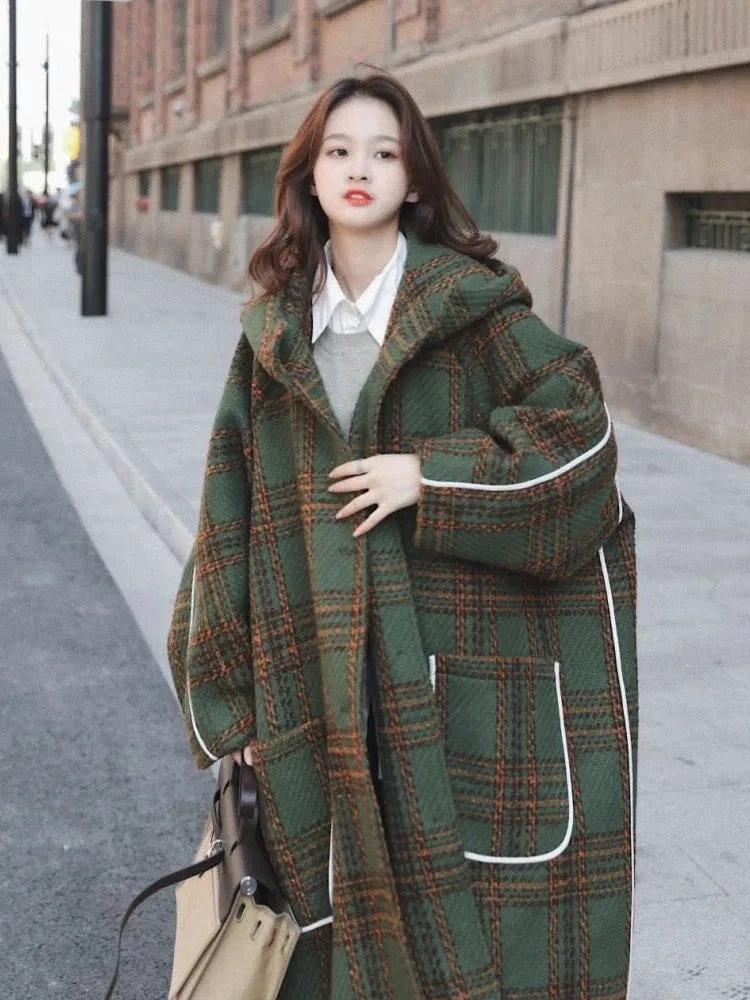 Autumn Winter Long Oversized Warm White Patchwork Plaid Wool Blends Hood Runway Korean Fashion Stylish Coat