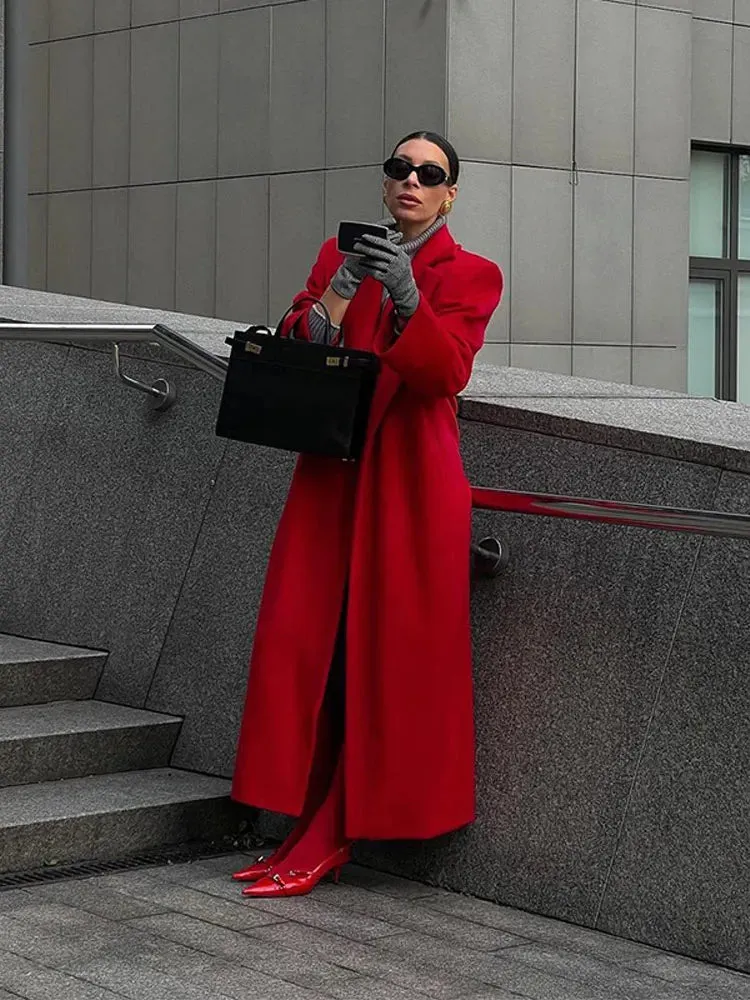 Back To School Joskaa Fashion Red Turn Down Collar Long Overcoats Elegant Lady Solid Long Sleeves With Pocket Coats 2024 Autumn Winter High Streetwear