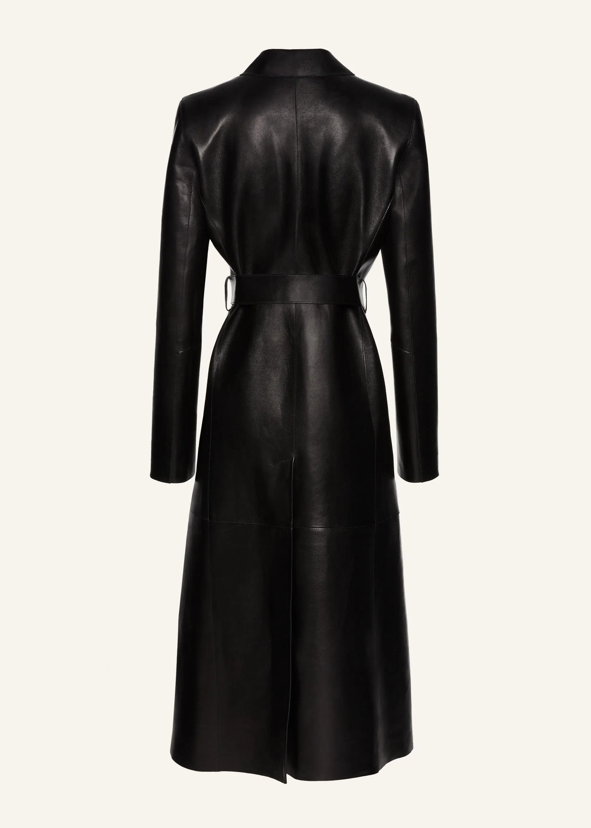 Belted leather coat in black