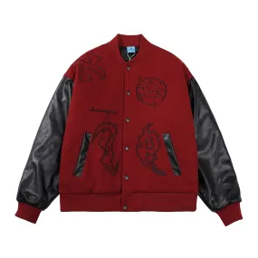 Bonsir Mens Hip Hop Baseball Jacket Letter Embroidery Leather Sleeve Patchwork Loose Outerwear Streetwear Vintage Bomber Jacket Male