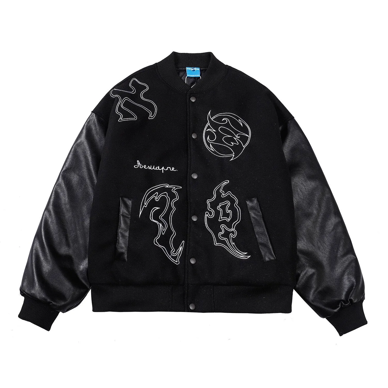 Bonsir Mens Hip Hop Baseball Jacket Letter Embroidery Leather Sleeve Patchwork Loose Outerwear Streetwear Vintage Bomber Jacket Male