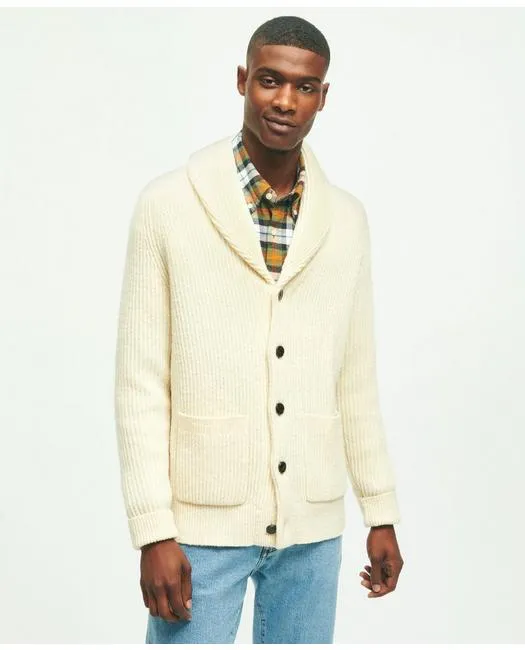 Brooks Brothers Men's Merino Donegal Wool Shawl Collar Cardigan Natural