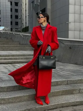 Chicmy-2024 New Red Lapel Woolen Overcoats For Women Fashion Long Sleeves Button Casual Office Long Coat Autumn Lady Street Outerwear