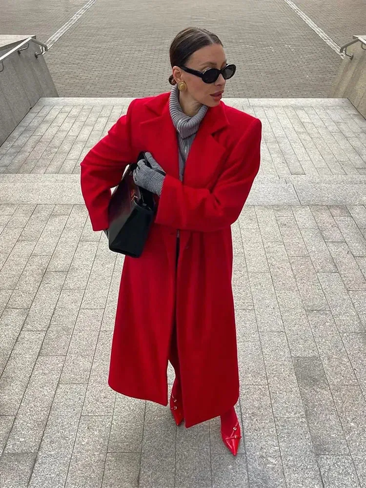 Chicmy-2024 New Red Lapel Woolen Overcoats For Women Fashion Long Sleeves Button Casual Office Long Coat Autumn Lady Street Outerwear