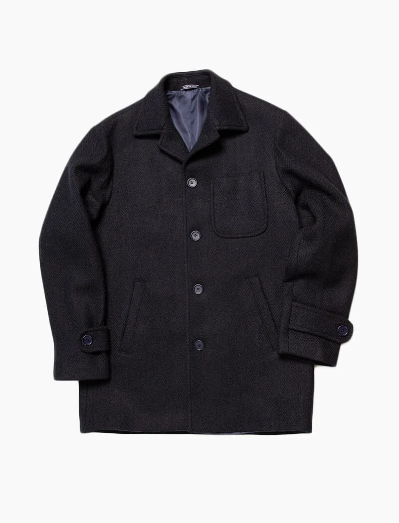 Dark Navy Herringbone Wool Overcoat