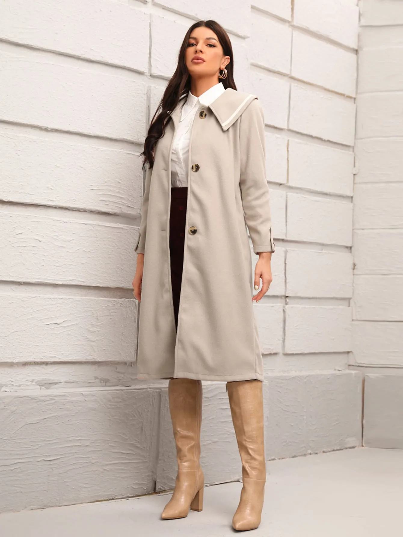 Elegant Contrast Binding Long Sleeve Collar Short Women Overcoat