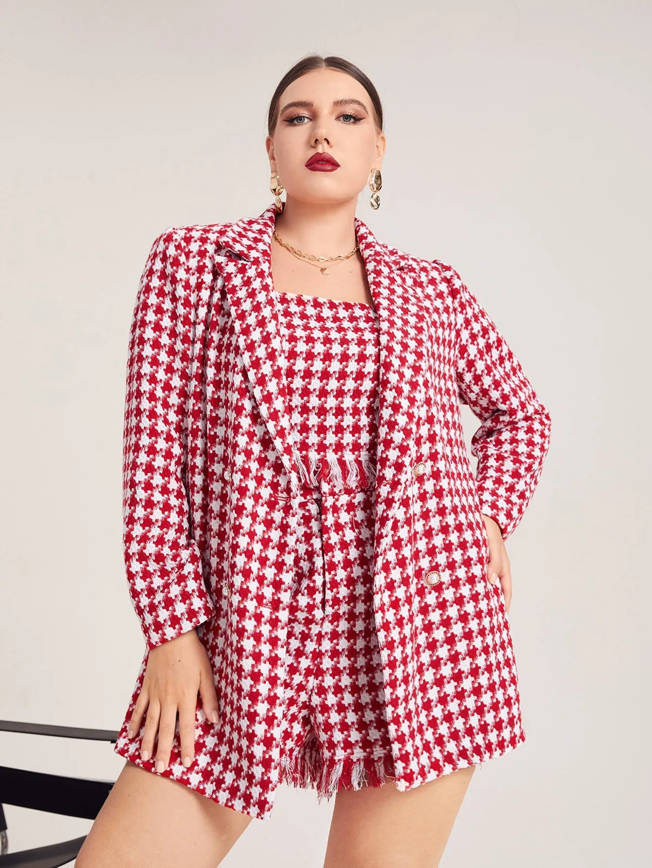 Elegant Houndstooth Button Front Long Sleeve Lapel Regular Plus Size Overcoat