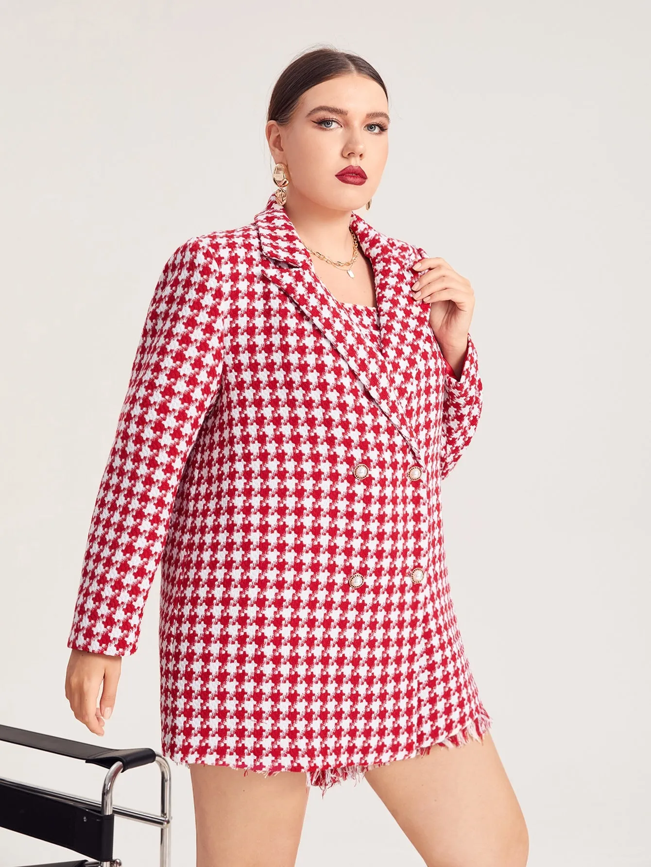 Elegant Houndstooth Button Front Long Sleeve Lapel Regular Plus Size Overcoat