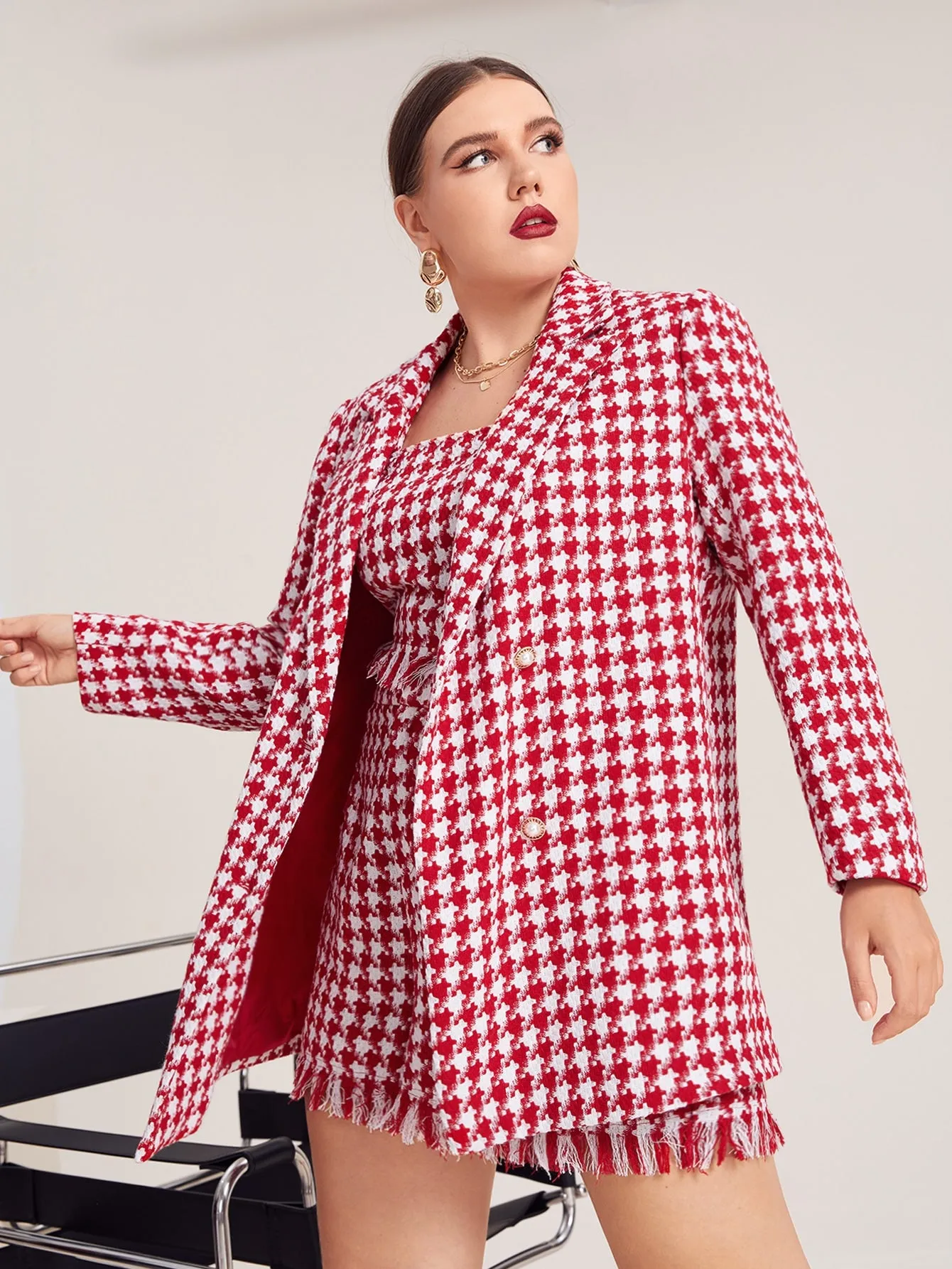 Elegant Houndstooth Button Front Long Sleeve Lapel Regular Plus Size Overcoat