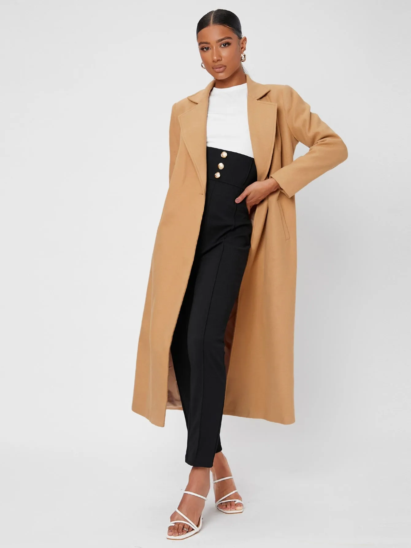 Elegant Plain Pocket Long Sleeve Lapel Long Womens Overcoat