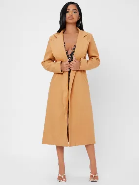 Elegant Plain Pocket Long Sleeve Lapel Midi Women Overcoat