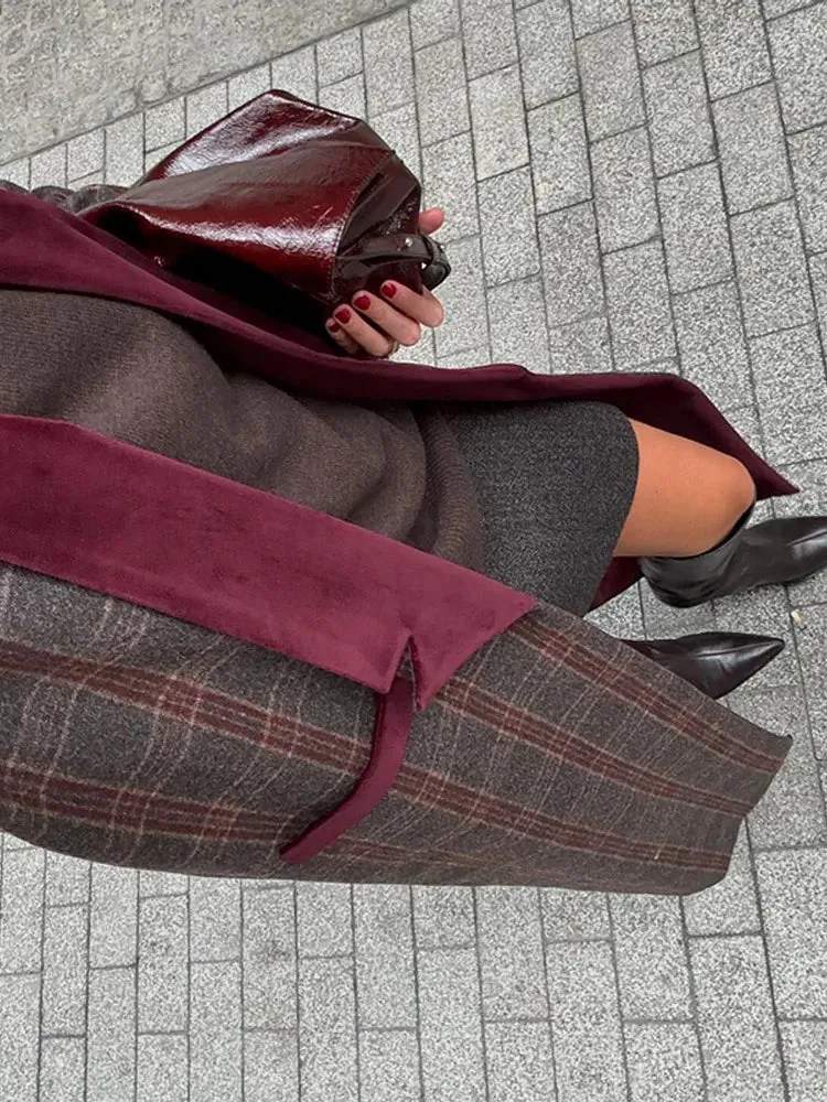 Fashionkova Vintage Plaids Print Patchwork Suede Woolen Long Coats Women Fashion One Button Full Sleeves Overcoats 2024 New Lady Outwears