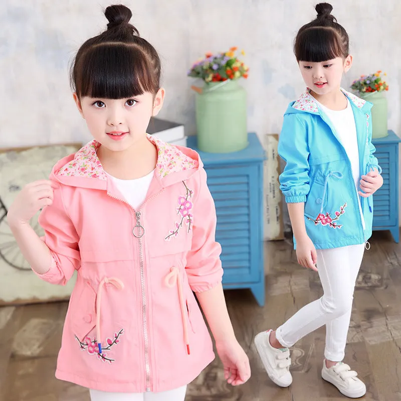 Flower Embroidery Hooded Outwear Kids Girls