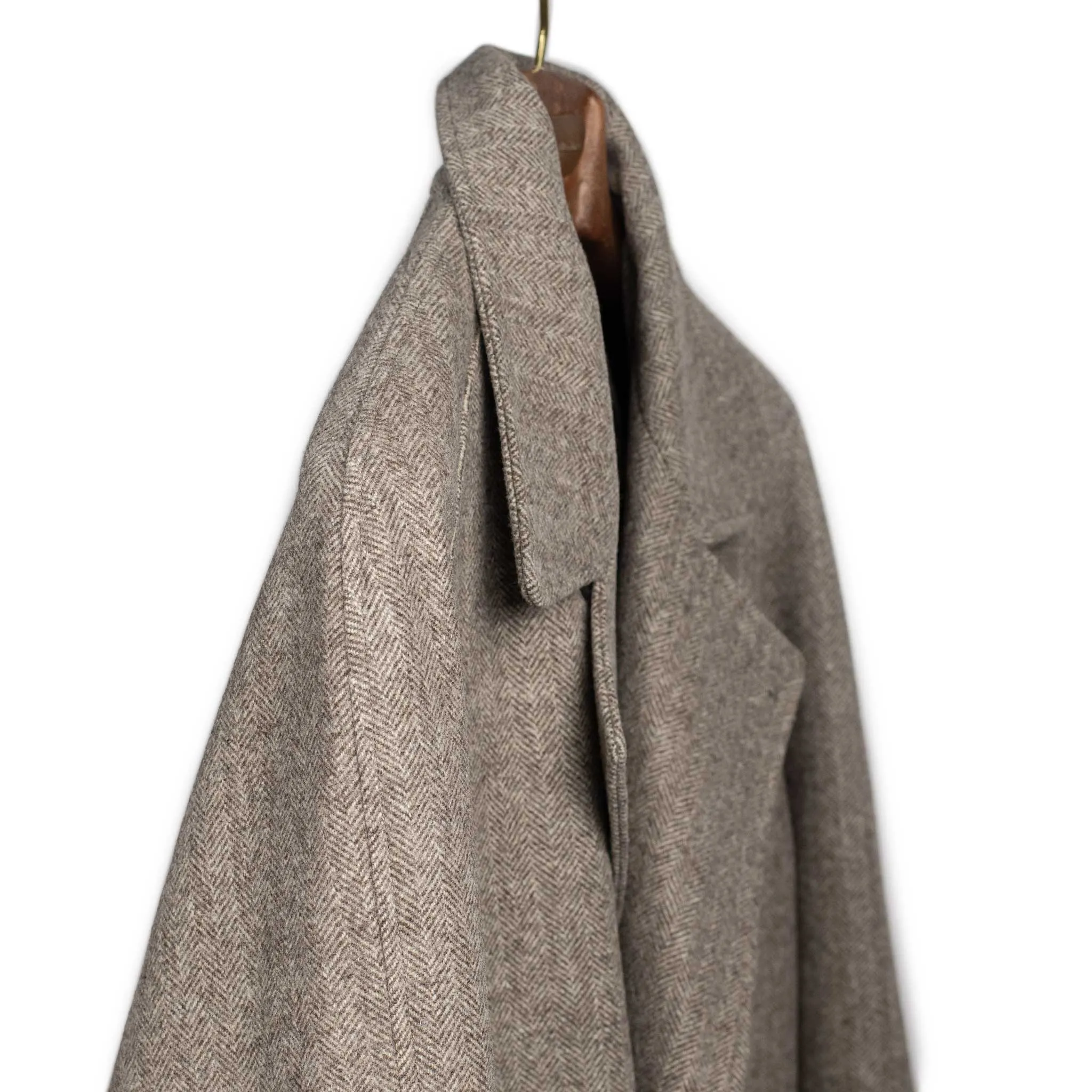 Granddad coat in undyed beige herringbone wool