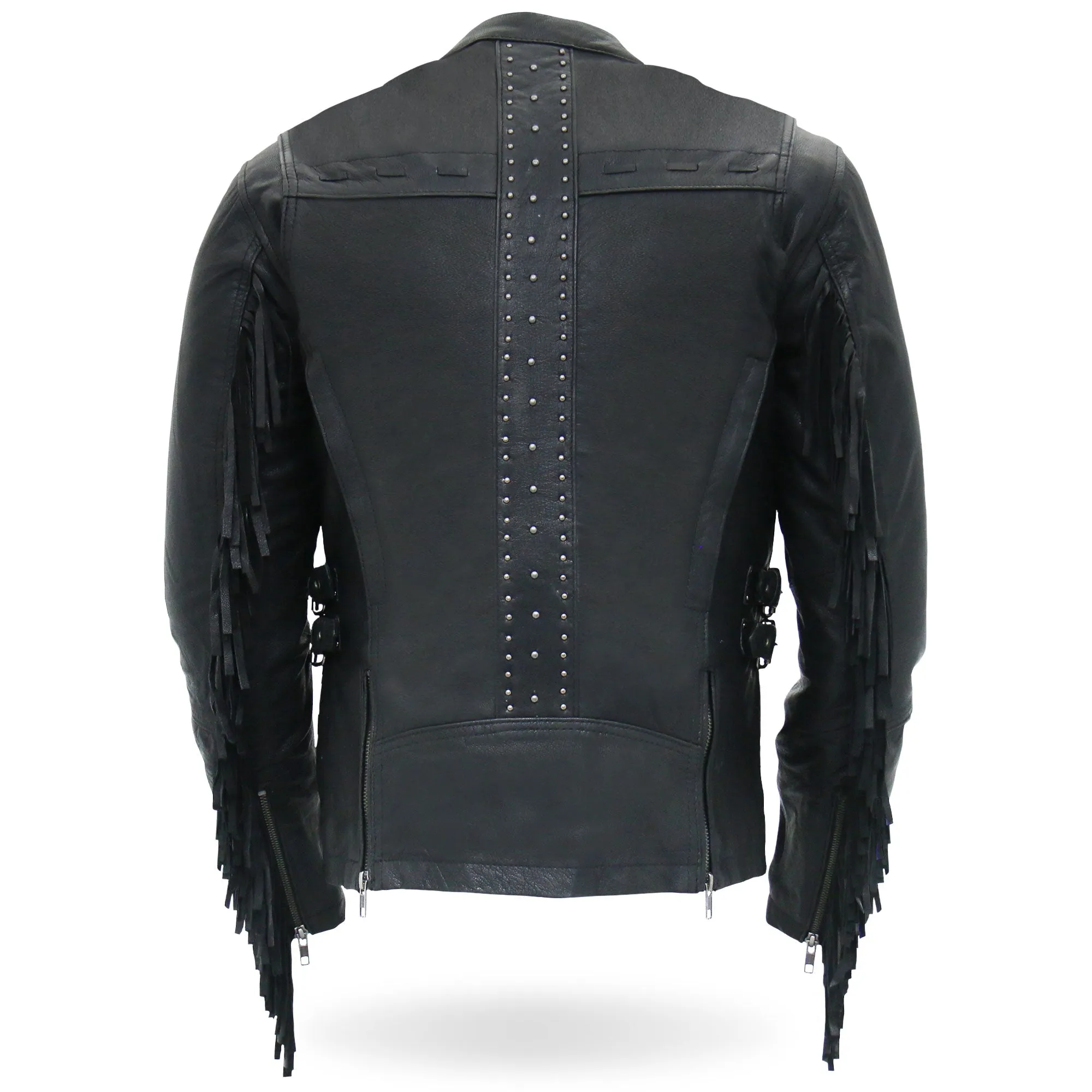 Hot Leathers JKL1028 Studs and Fringe Ladies Black Motorcycle style Carry Conceal Leather Biker Jacket