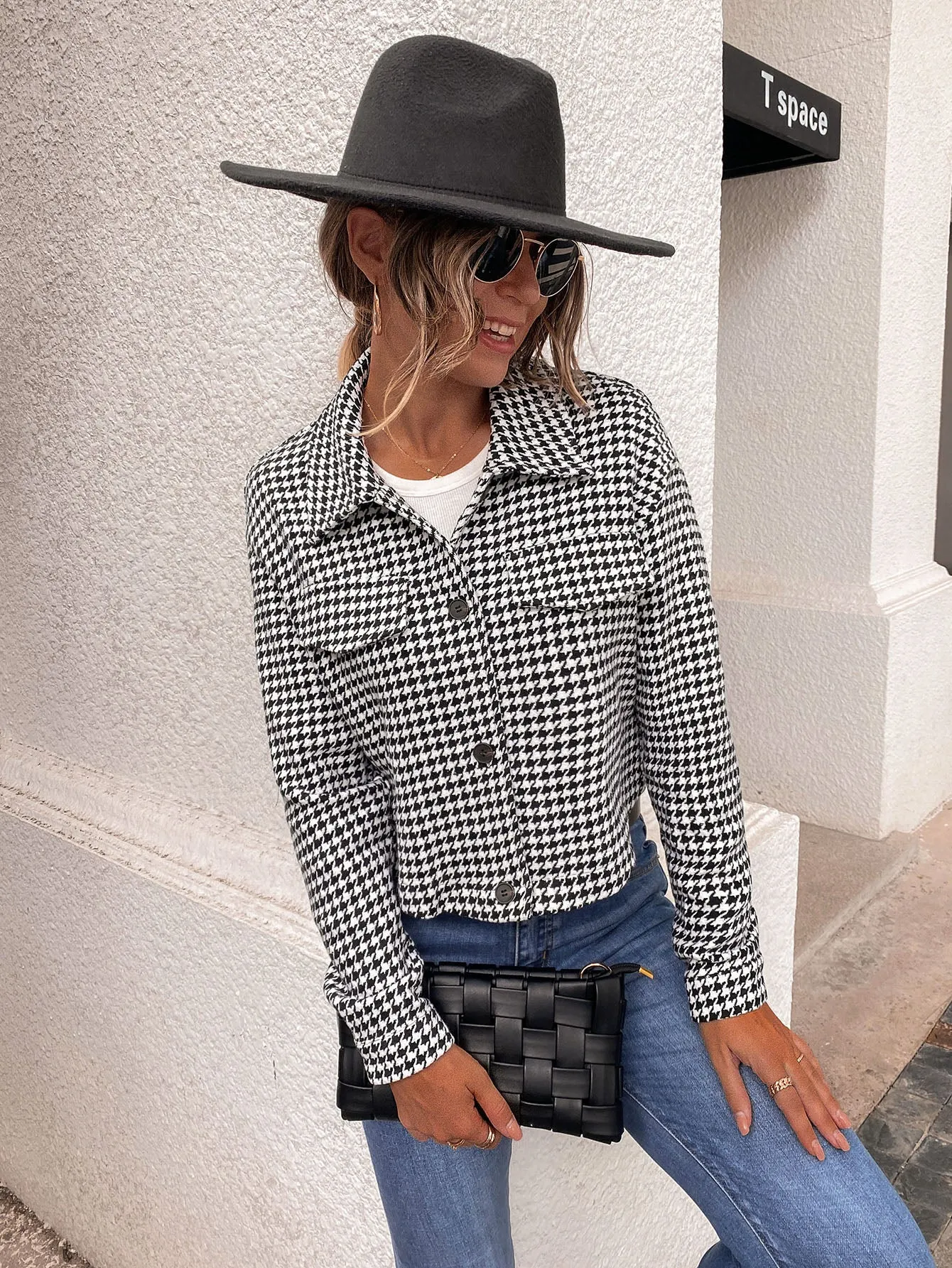 Houndstooth Button Long Sleeve Collar Regular Women Overcoat