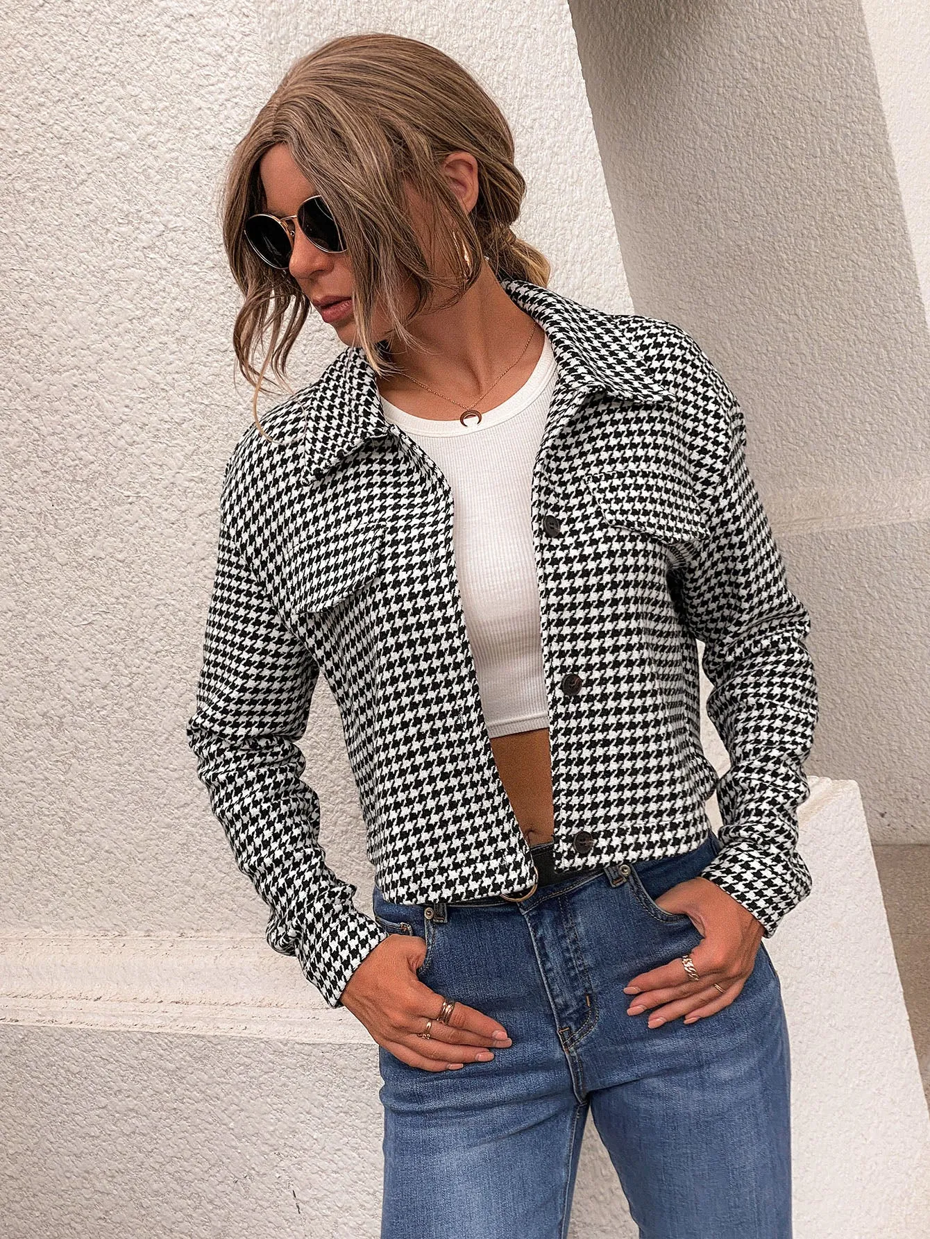 Houndstooth Button Long Sleeve Collar Regular Women Overcoat