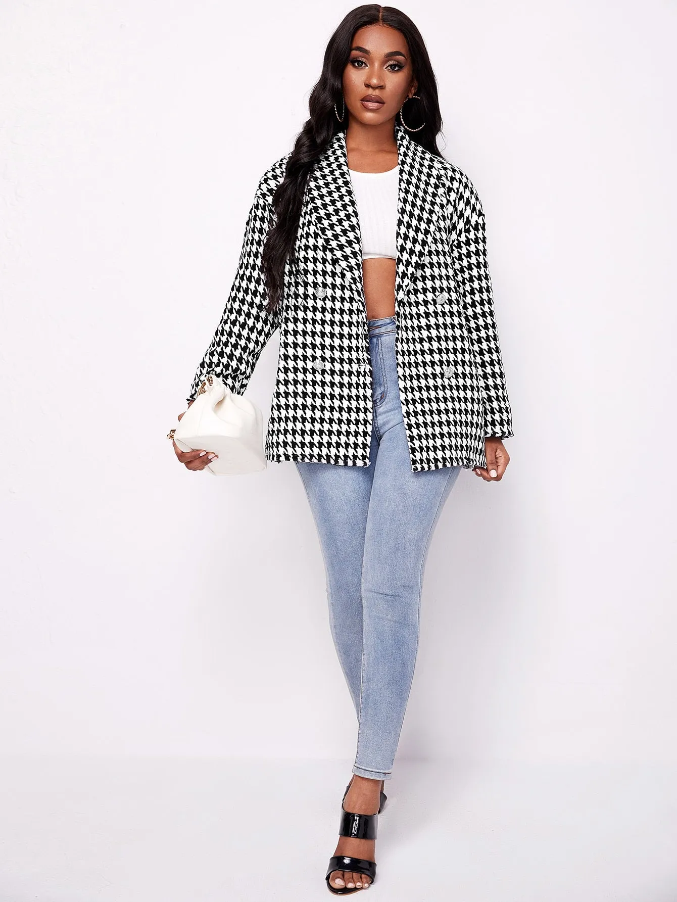 Houndstooth Double Button Long Sleeve Shawl Collar Short Women Overcoat