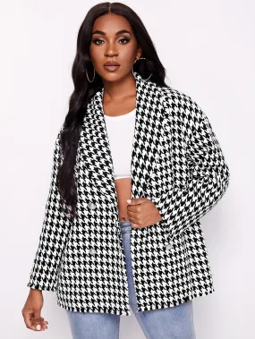 Houndstooth Double Button Long Sleeve Shawl Collar Short Women Overcoat