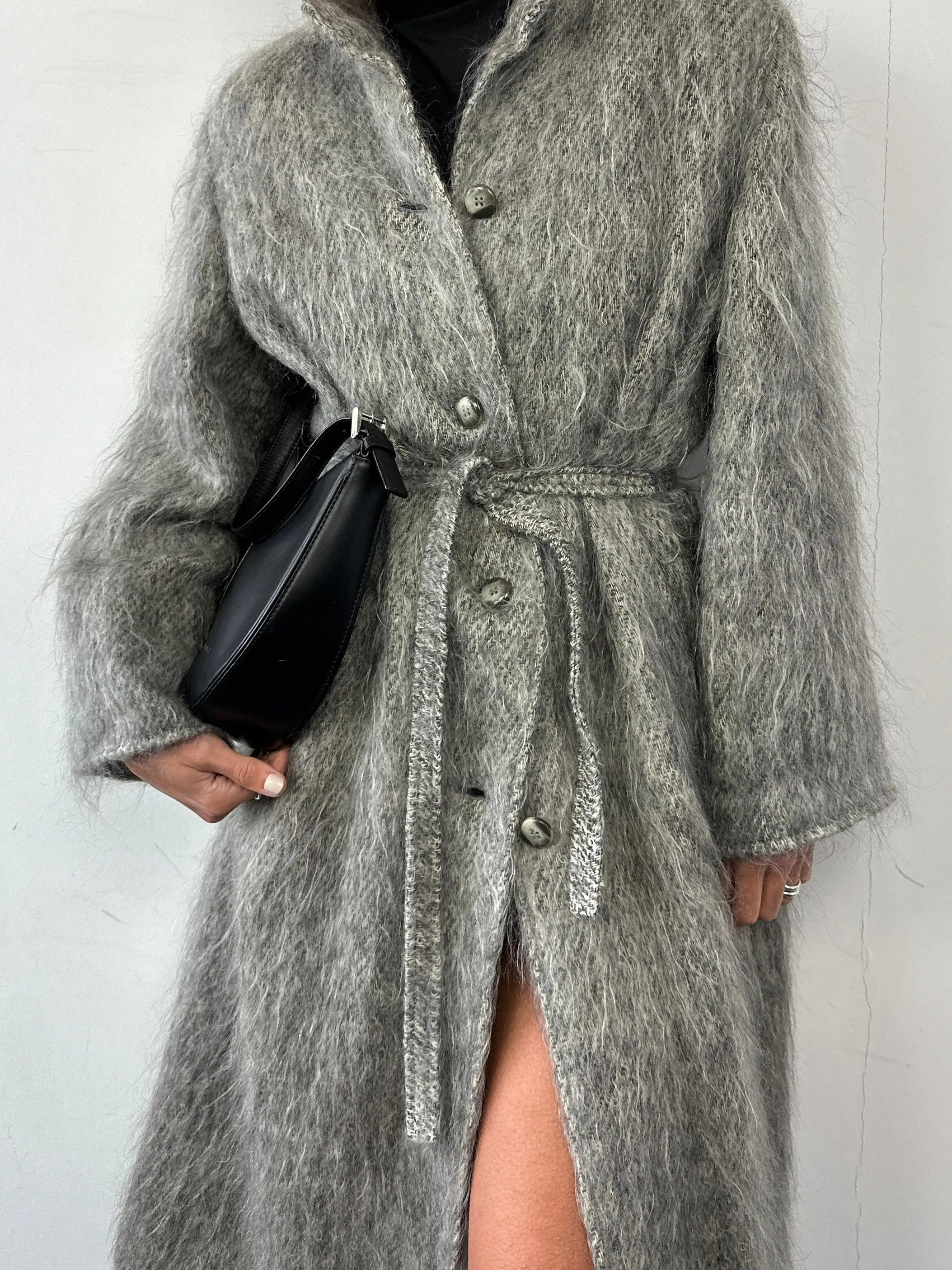 Jaeger Mohair Wool Fuzzy Belted Coat - L