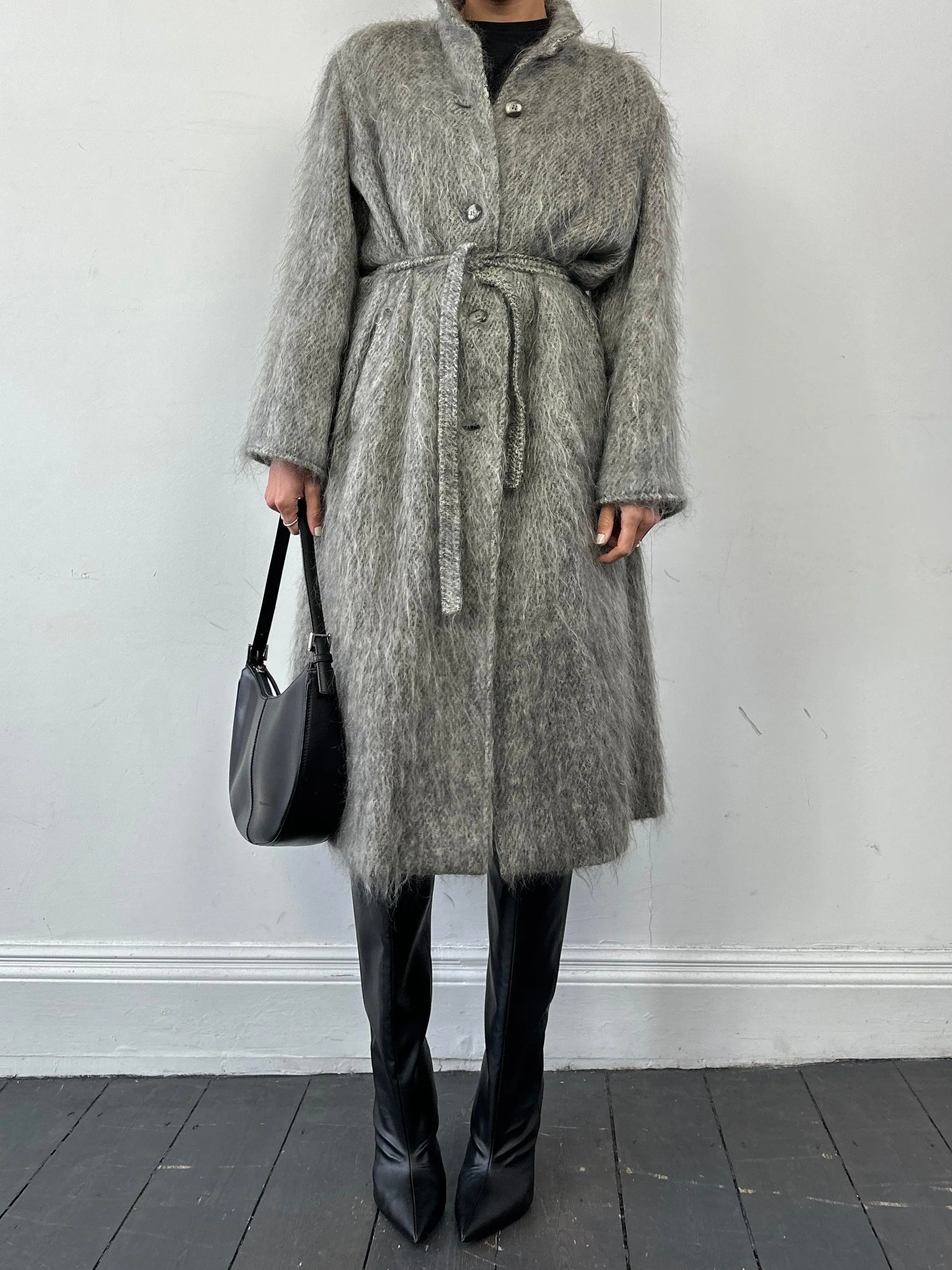 Jaeger Mohair Wool Fuzzy Belted Coat - L