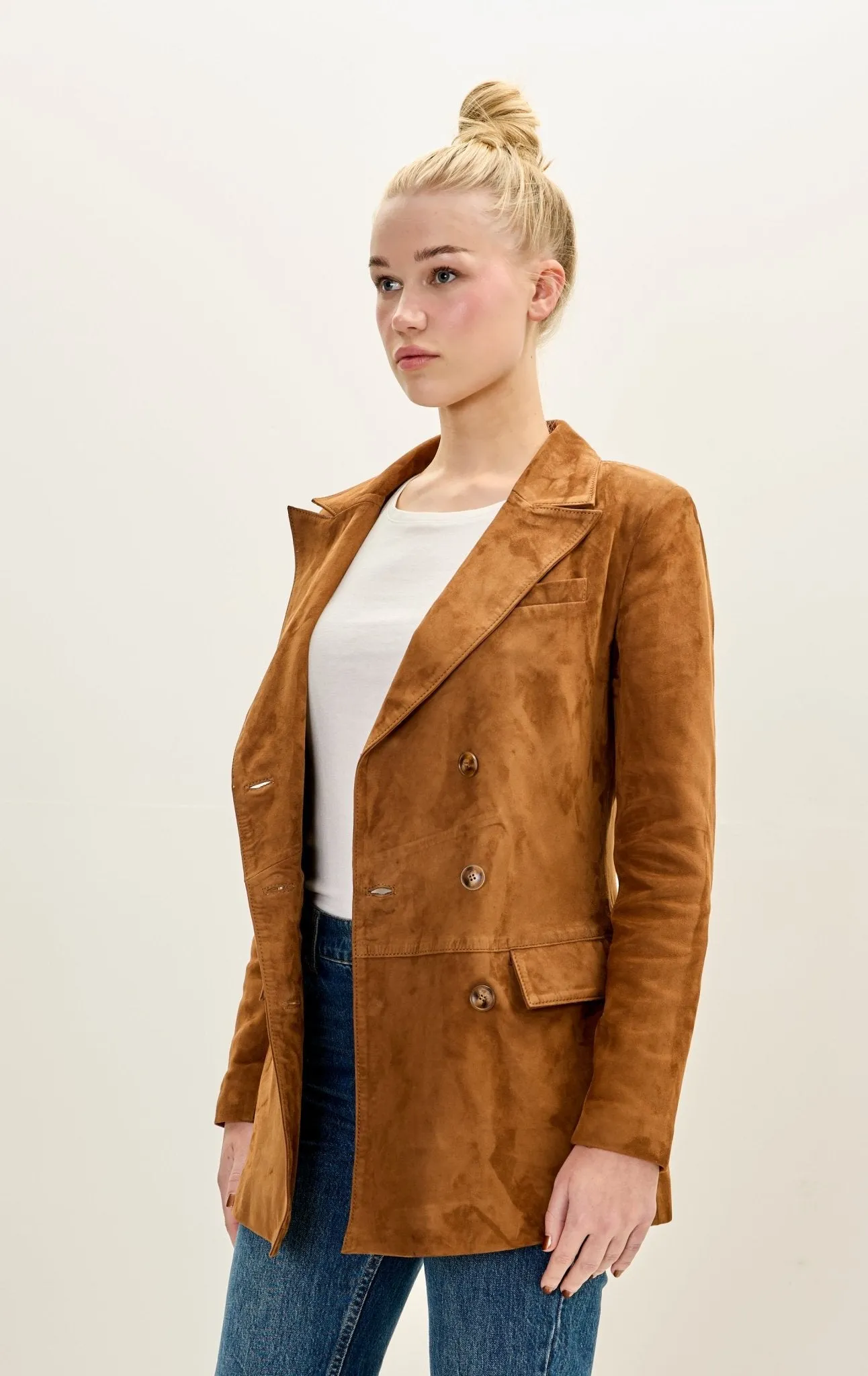 Lambskin Leather Suede Double Breasted Jacket - Brown