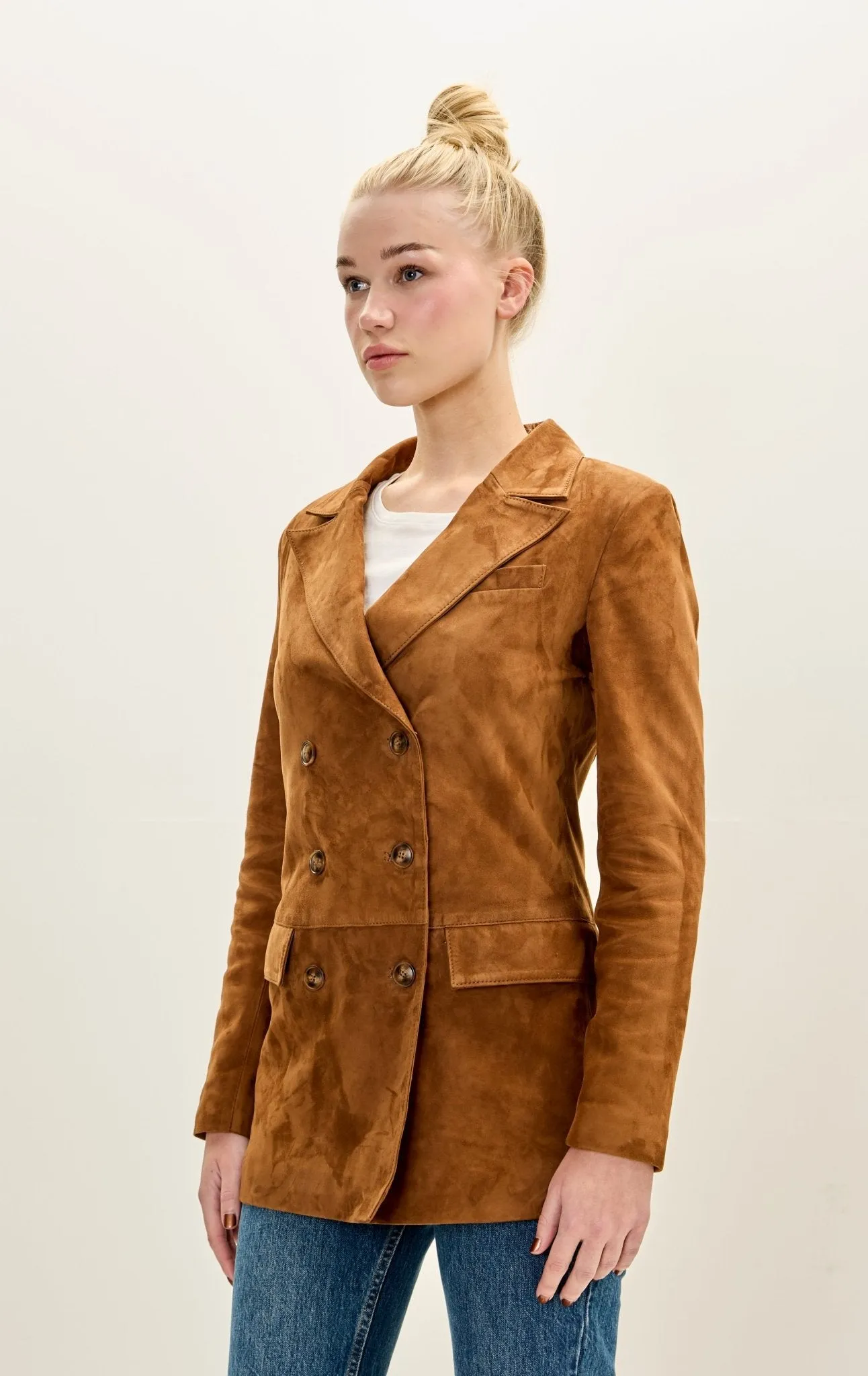 Lambskin Leather Suede Double Breasted Jacket - Brown