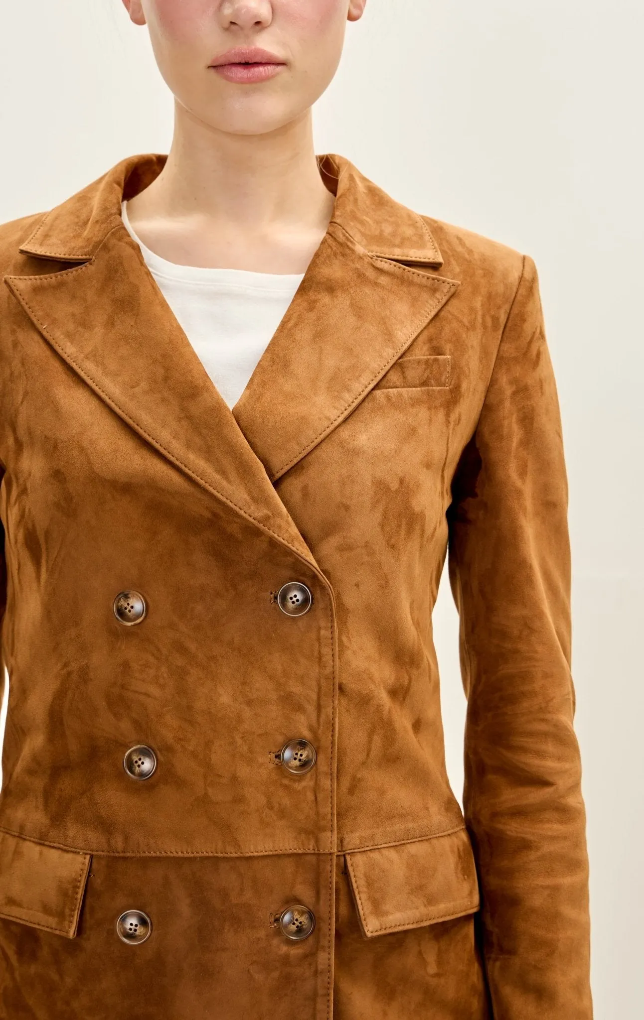 Lambskin Leather Suede Double Breasted Jacket - Brown