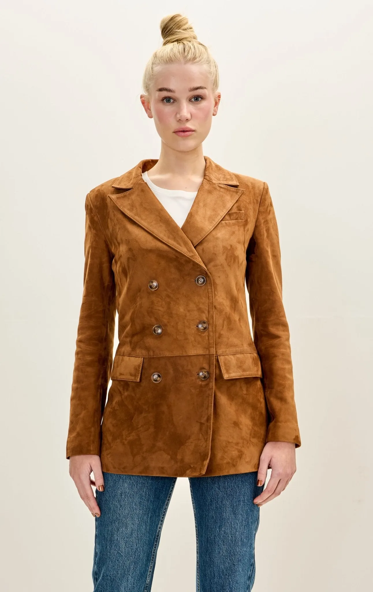 Lambskin Leather Suede Double Breasted Jacket - Brown