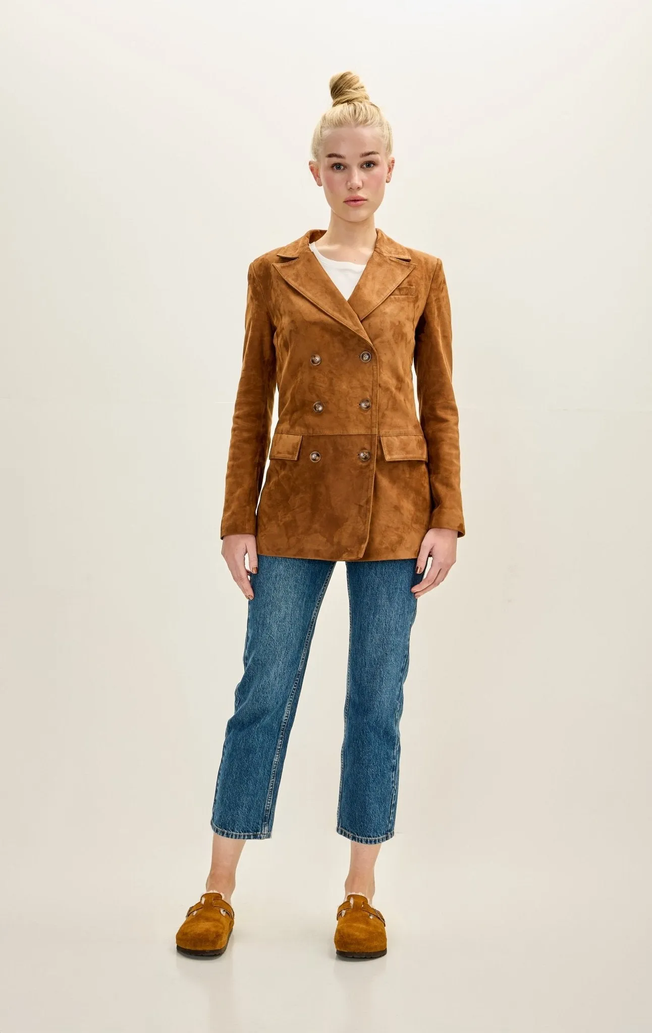 Lambskin Leather Suede Double Breasted Jacket - Brown