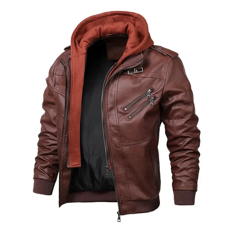 Leather Jackets For Men Casual Cowhide PU Leather Hooded Autumn Winter Coats Male Warm Vintage Motorcycle Punk Overcoats