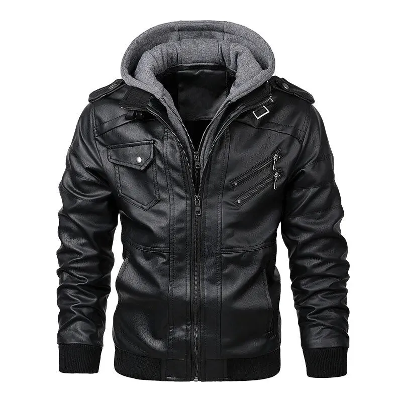 Leather Jackets For Men Casual Cowhide PU Leather Hooded Autumn Winter Coats Male Warm Vintage Motorcycle Punk Overcoats