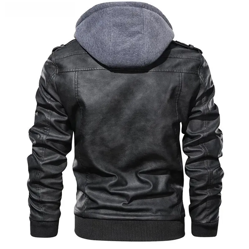 Leather Jackets For Men Casual Cowhide PU Leather Hooded Autumn Winter Coats Male Warm Vintage Motorcycle Punk Overcoats