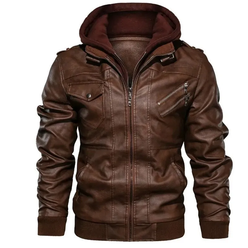 Leather Jackets For Men Casual Cowhide PU Leather Hooded Autumn Winter Coats Male Warm Vintage Motorcycle Punk Overcoats