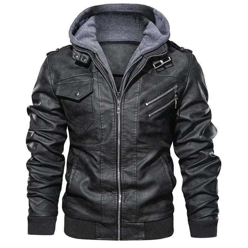 Leather Jackets For Men Casual Cowhide PU Leather Hooded Autumn Winter Coats Male Warm Vintage Motorcycle Punk Overcoats