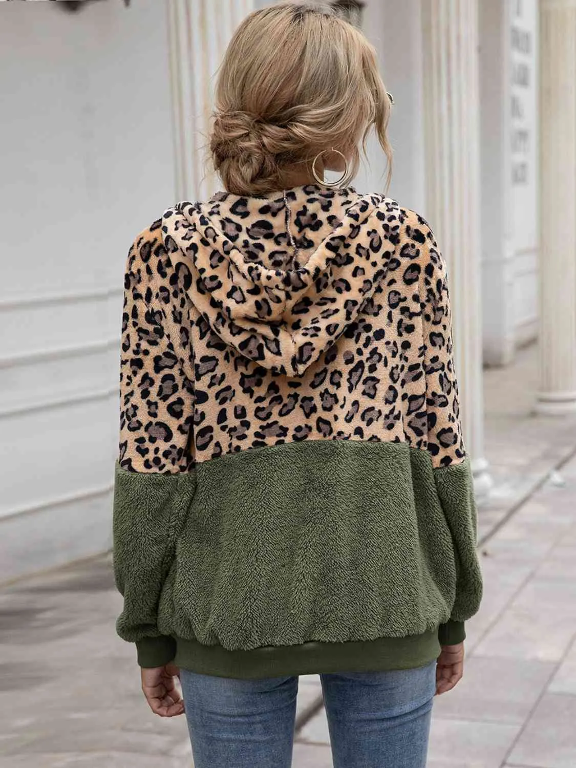 Leopard Drawstring Hooded Long Sleeve Outerwear