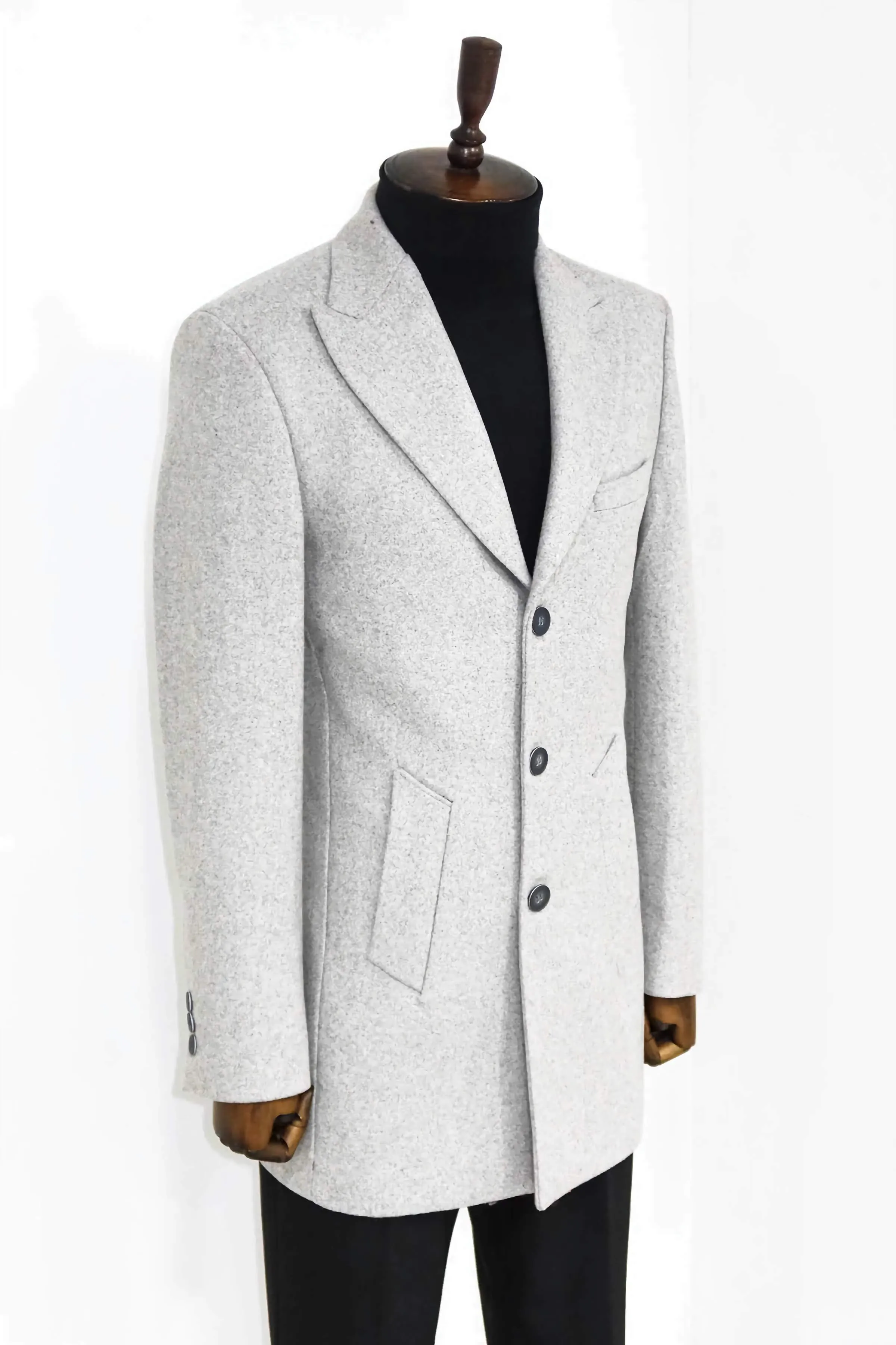 LIGHT GRAY WIDE LAPEL WOOL PEACOAT SLIM FIT