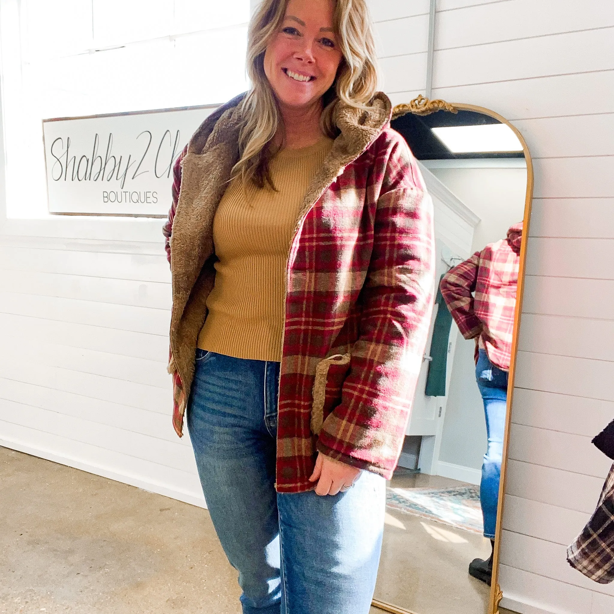 Lydia Plaid Sherpa Jacket in Burgundy