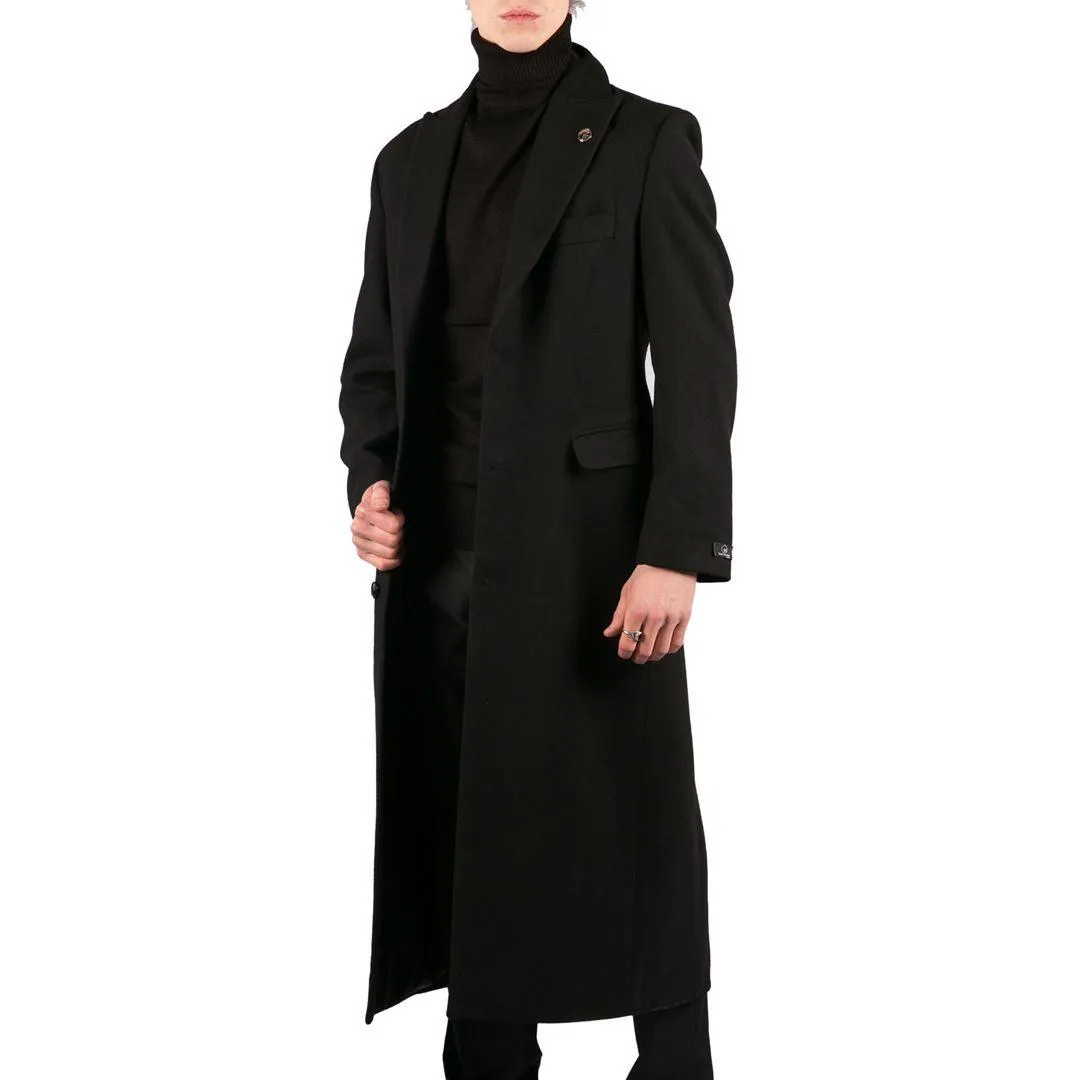 Mens Full Length Overcoat Mac Jacket Wool Feel Charcoal Black 1920s Blinders