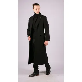 Mens Full Length Overcoat Mac Jacket Wool Feel Charcoal Black 1920s Blinders