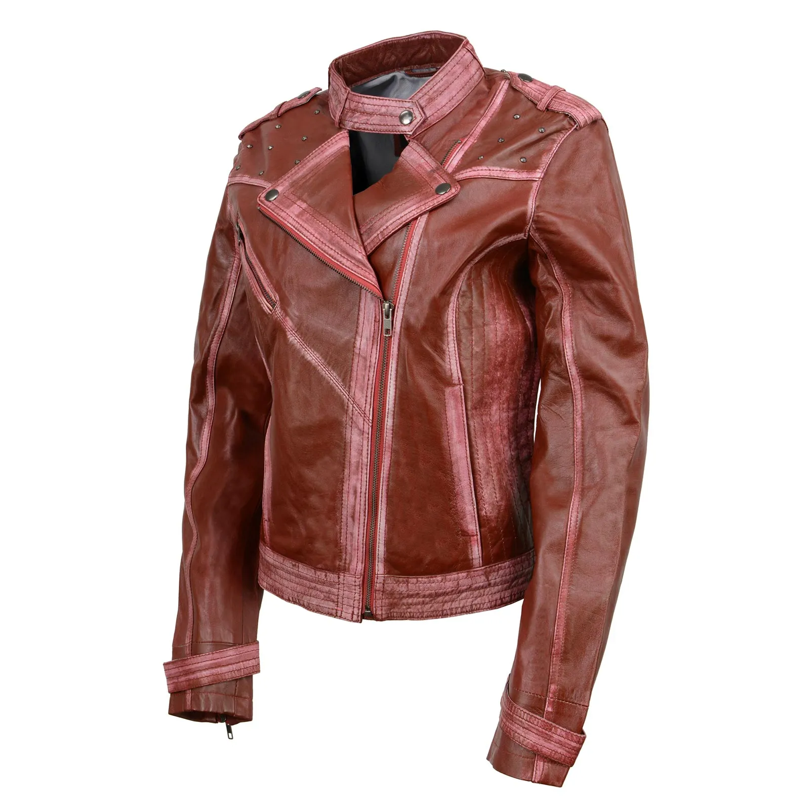 Milwaukee Leather SFL2840 Women's Maiden Maroon Premium Sheepskin Motorcycle Fashion Leather Jacket with Studs