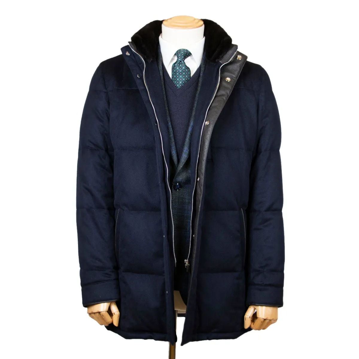 Navy Loro Piana Rain System 100% Cashmere Padded Coat