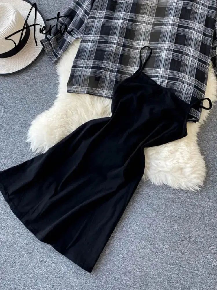 New Summer Autumn Casual Two Piece Set Long Sleeve Plaid Grey Overcoats Spaghetti Strap Slim Black Solid Dress