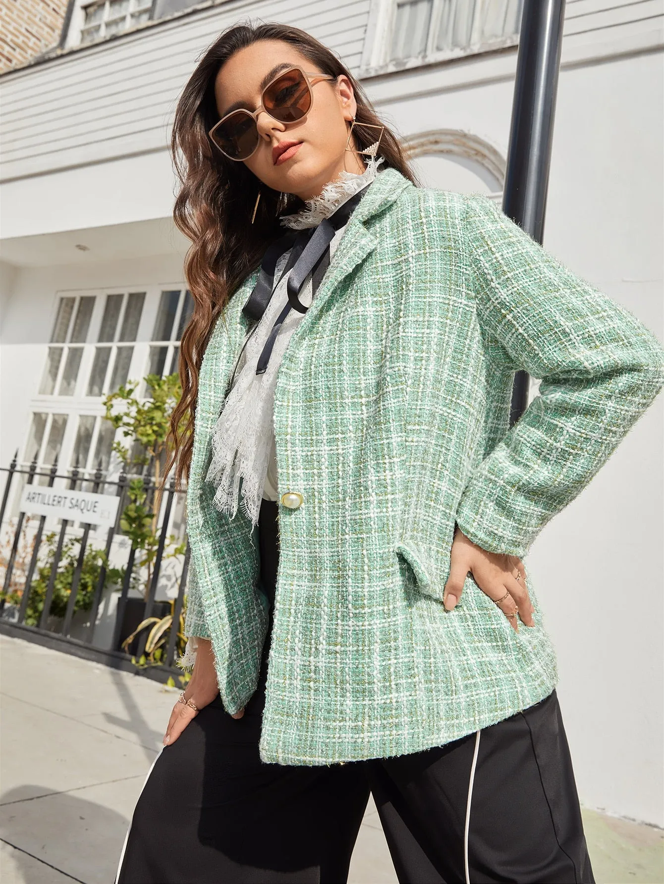 Plaid Button Front Long Sleeve Lapel Short Plus Size Overcoat