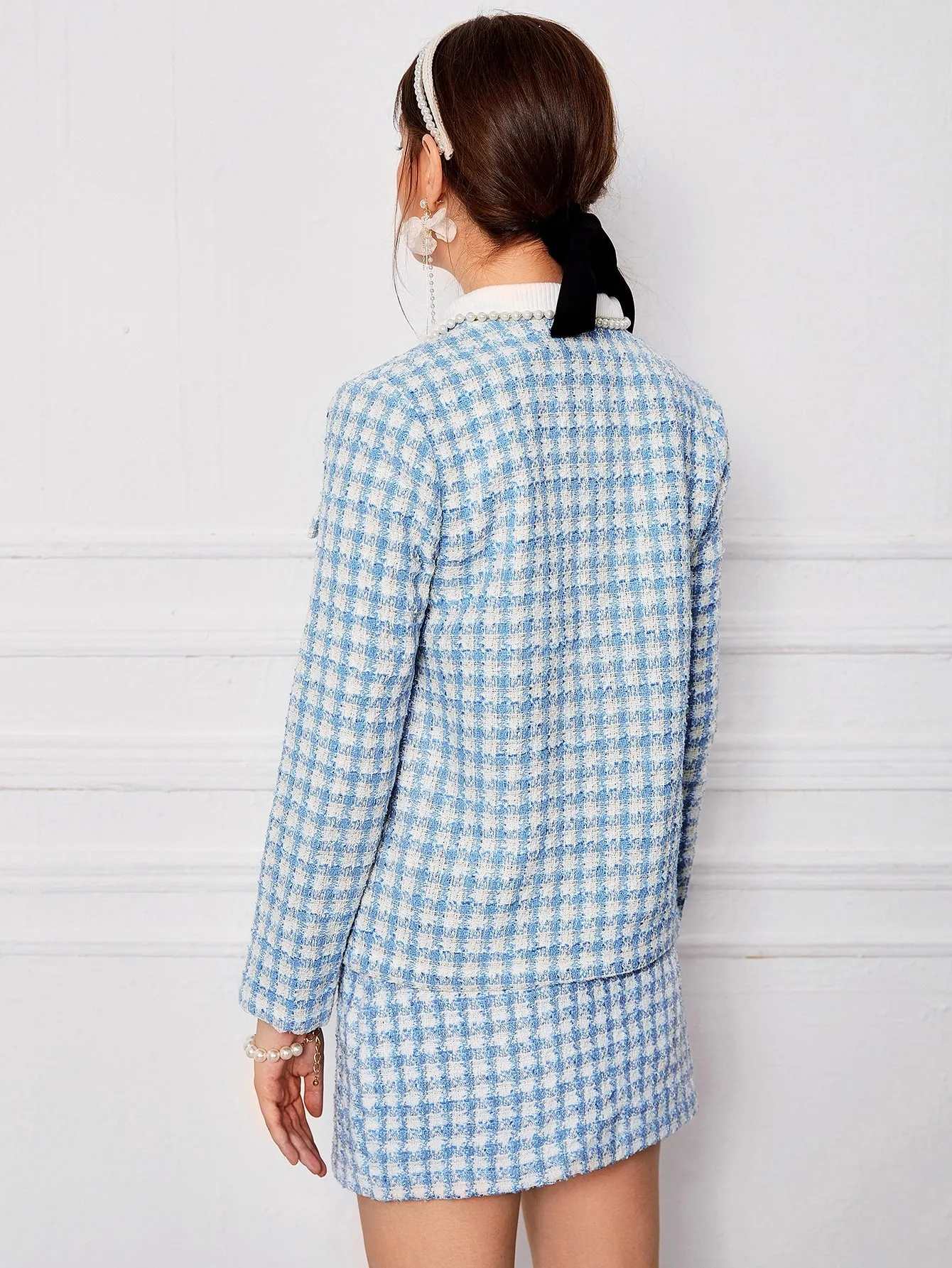 Plaid Pocket Long Sleeve Round Neck Regular Women Overcoat