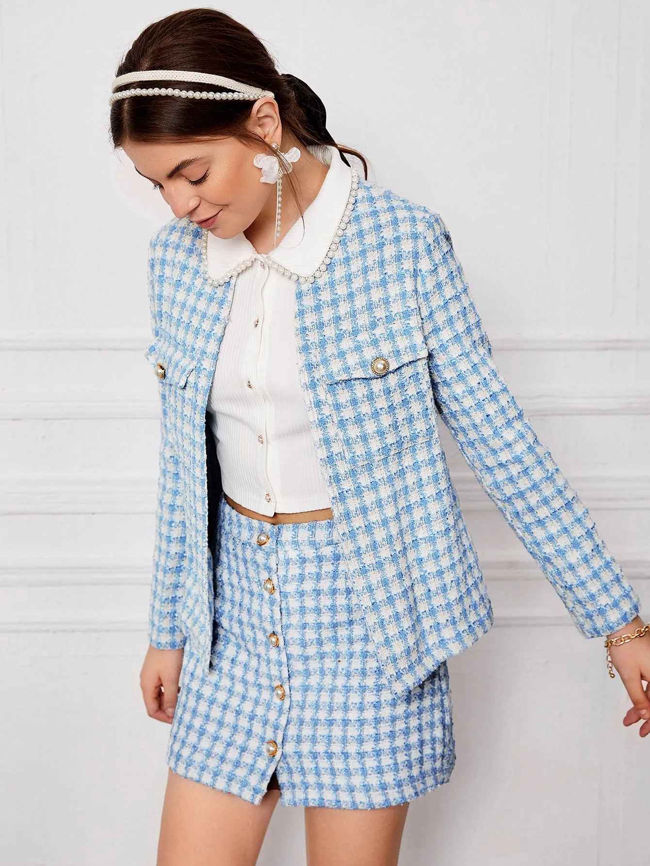 Plaid Pocket Long Sleeve Round Neck Regular Women Overcoat