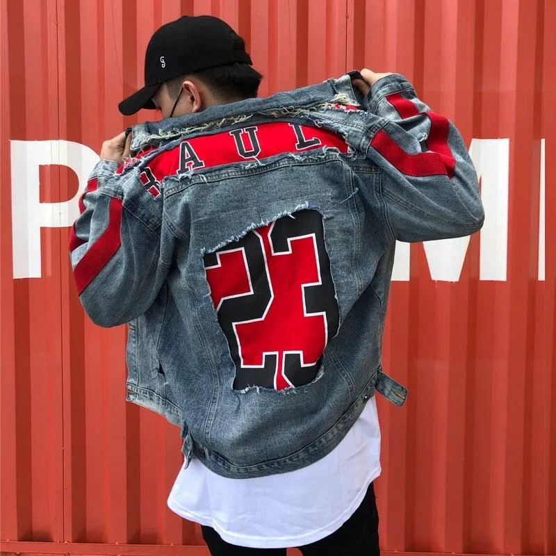 Red Patchwork Denim Jacket