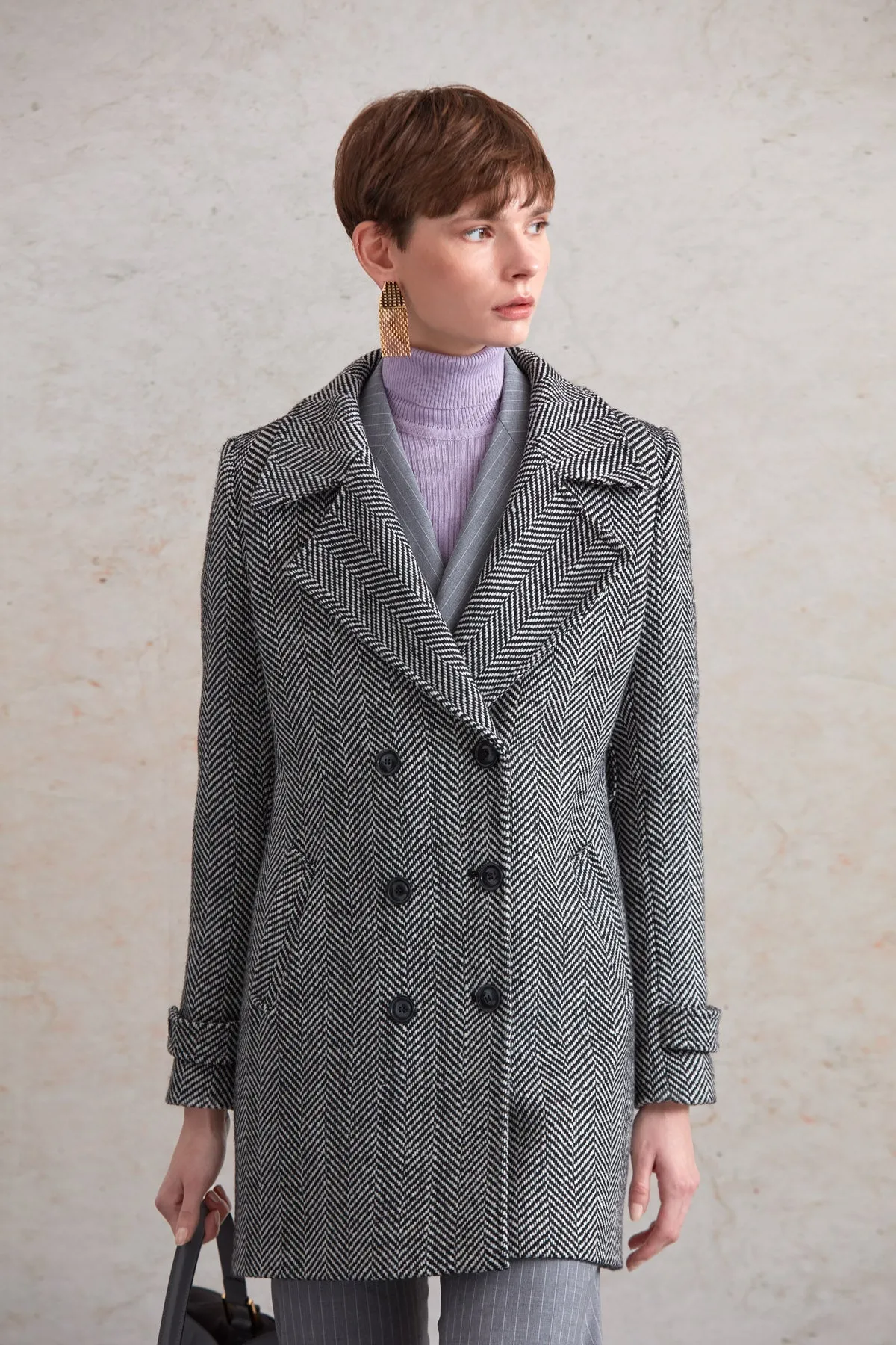 Regular Fit Daisy Notch Lapel Double-Breasted Wool Coat